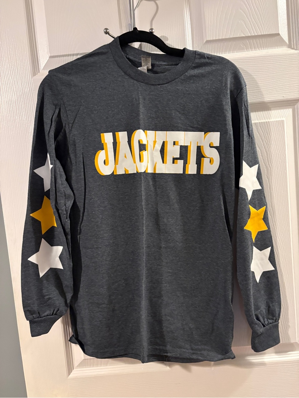 Gildan Charcoal Long Sleeve 'JACKETS' Tee with Yellow and White Stars